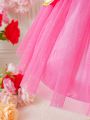 SHEIN Baby Girl Princess Style Pink Mesh Dress With Hollowed-Out Petal Shaped Shoulder Decoration