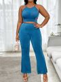SHEIN SXY Plus Size Solid Color Hollow Out Cami Top And Long Pants Set