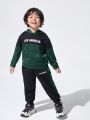 JNSQ Boys' Comfortable Hooded Sweater With English Letters Print And Side Contrast Splicing Sweatpants Set, Casual