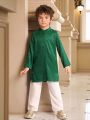 SHEIN Kids Nujoom Young Boy's Dark Green Jacquard Woven Shirt And White Pants Set