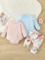 SHEIN Baby Girl Pink & Blue 2pcs Bodysuit With Long Pants And Hat, 3pcs Outfit For Home