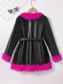 Tween Girl Fuzzy Trim PU Leather Belted Coat Without Sweater