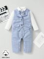 Baby Boys' Gentleman Plaid Jumpsuit With Faux Two-Piece Design, Elegant And Fancy