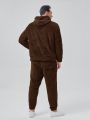 Manfinity Men's Plus Size Knitted Casual Two-Pieceset: Velvet Hooded Sweatshirt And Pants With Alphabet Patch Design