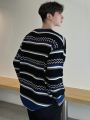 DAZY Men's Striped Notch Collar Drop Shoulder Sweater