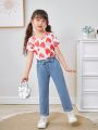SHEIN Young Girls' Butterfly Knot Decor High Waist Water Washed Comfortable Soft Jeans