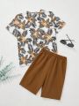 SHEIN Kids SUNSHNE Tween Boy's Casual Comfortable Botanical Print Short Sleeve T-Shirt And Shorts Set