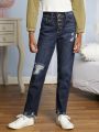 Tween Girl Button Fly Ripped Raw Cut Jeans