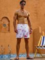 Men's Flamingo Printed Drawstring Waist Beach Shorts