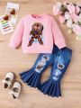 Baby Girls' Character Printed Top & Flared Jeans With Denim Print Outfit