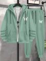 Men's Plus Size Hooded Sweatshirt And Pants Set With Letter Print And Drawstring
