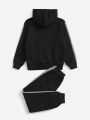 SHEIN Tween Boys' Comfortable Letter Printed Hooded Fleece Sweatshirt And Sweatpants Set