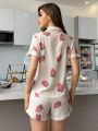Women's Strawberry Printed Contrast Trim Lapel Short Sleeve Top And Shorts Pajama Set
