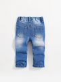 SHEIN Baby Boy's Elastic Waist Distressed Soft & Cozy Cute Expression & Letter Printed Casual & Fashionable Jeans