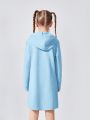 SHEIN Tween Girls' Sweet Casual Knitted Hooded Dress With Number Print