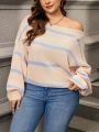 SHEIN LUNE Plus Size Colorblock Striped Flare Sleeve Sweater