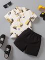 Young Boy Excavator Print Shirt And Solid Shorts Casual 2pcs Outfit