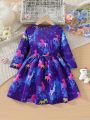 Little Girls' Cute Unicorn Printed Long Sleeve Dress With Round Neck