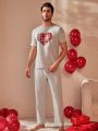 Men's Letter, Plaid & Heart Pattern Short Sleeve Top And Long Pants Homewear Set