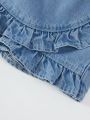 Baby Girls' Cute Simple Style Water-Washed Denim Shorts With Ruffle Trim