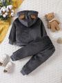 Baby Boy Bear Embroidery 3D Ear Design Hooded Flannel Jacket & Pants