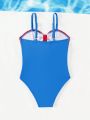 Young Girl Color Block Hollow Out Skinny Strap One-Piece Swimsuit