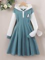 Teen Girl Letter Patched Colorblock Hooded 2 In 1 Dress