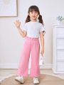 SHEIN Young Girl's Comfortable Washed Denim Pants With Ruffle Elastic Waistband