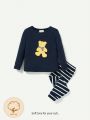 Cozy Cub Baby Boys' Cartoon Bear Patterned Round Neck Long Sleeve Top And Striped Pants Pajama Set