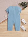 SHEIN Baby Boy Casual Solid Color Short Sleeve Overall With Wrinkle Effect