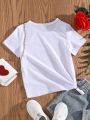 SHEIN Young Girl Cute Heart Print Short Sleeve T-Shirt