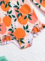 Baby Girl's Orange Printed Zipper Front One-Piece Swimsuit With Hat