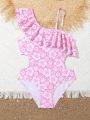 Big Girls' One-piece Swimsuit With Floral Print & Ruffled Hem Design