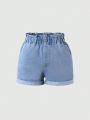 Teen Girls' Vintage College Wind Washed Light Blue Loose Fit Denim Shorts With Elastic Waistband And Cuffed Hem