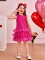 SHEIN Kids FANZEY Toddler Girls' Round Neck Sleeveless Three-Tiered Mesh Dress With Waterdrop-Shaped Back And Ruffle Hem