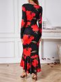 Floral Print Deep V-Neck Asymmetric Hem Dress With Ruffle Trim