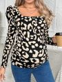 SHEIN Maternity Leopard Print Square Neck Leg-Of-Mutton Sleeve T-Shirt