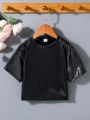 SHEIN Kids Y2Kool Tween Girls' Round Neck T-Shirt With Drop Shoulder Sleeves