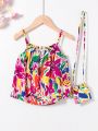 SHEIN Kids SUNSHNE Young Girl's Woven Floral Print Sweatshirt With Round Neckline And Crossbody Bag