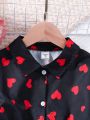 SHEIN Kids QTFun Little Girls' Red Heart Print Simple Casual All-Match Long Sleeve Cropped Shirt
