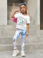 SHEIN Kids Cooltwn Young Girls' Daily Casual Spring/Summer Knitwear Set, With Unicorn Printed Lettering Short-Sleeved T-Shirt And Pants