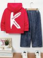 SHEIN Kids HYPEME Boys' Comfortable Casual Letter Printed Hoodie With Cow Printed Straight-Leg Jeans Set