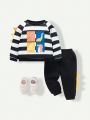 SHEIN Baby Boy Striped & Letter Graphic 3D Patched Raglan Sleeve Sweatshirt & Sweatpants