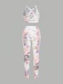 Daily&Casual 3pcs/Set Printed Slim Fit Vest + Matching Leggings + Loose White Sport Vest Outfit