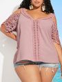 SHEIN CURVE+ Plus Size Spring Break Women's V-Neck Short Sleeve Lace Splicing Off Shoulder  Blouse Lace Shirt