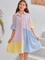 SHEIN Kids SUNSHNE Tween Girls' Woven Color Block Loose Casual Shirt Dress