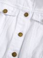 SHEIN Girls Cropped Puff Sleeve Button-Front Flap Pocket White Denim Jeans Jacket,Kids Spring Summer Vacation Clothes