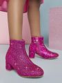 Girls Rhinestone Decor Side Zipper Chunky Boots