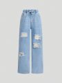 SHEIN Teenage Women'S Casual Mid-Rise Elastic Band Loose Fit Denim Ripped Straight Pants