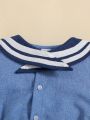SHEIN Baby Boy's Navy Collared Colorblock Striped Short Sleeve Romper